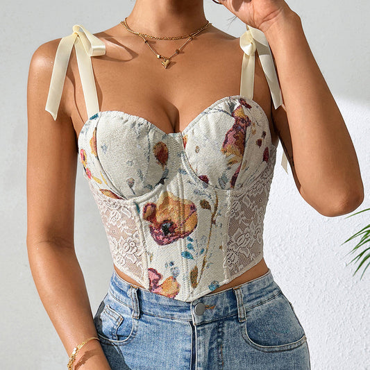 Sexy Boning Corset Corset European Floral Vintage Printed Contrast Color Slim Fit Strap Camisole