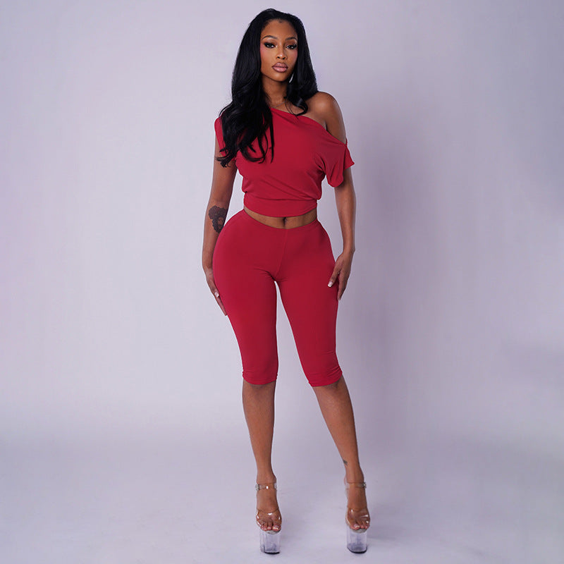 Women Clothing Autumn Solid Color One Shoulder Short Sleeve Top Tight Capri Pants Two Piece Set