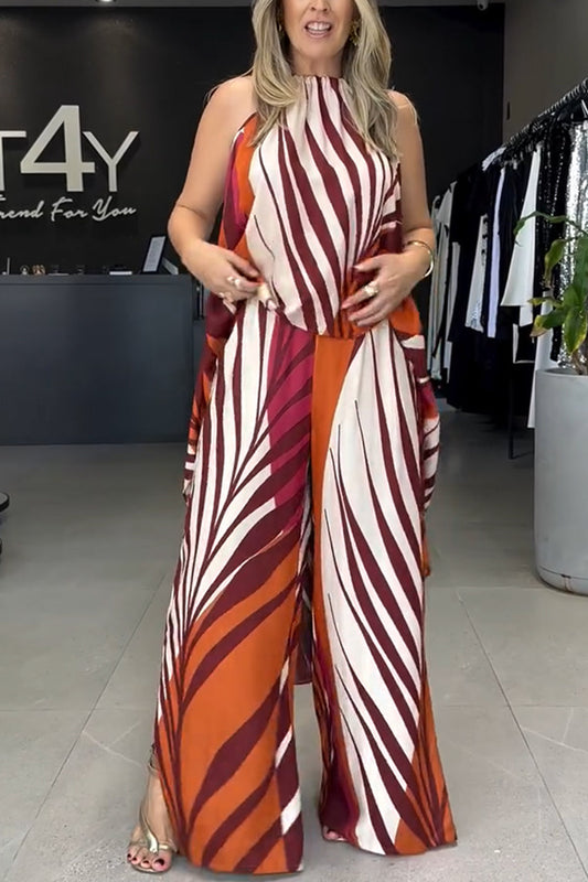 Summer Positioning Printed Long Sleeved Top Wide Leg Pants Two Piece Set Women Clothing