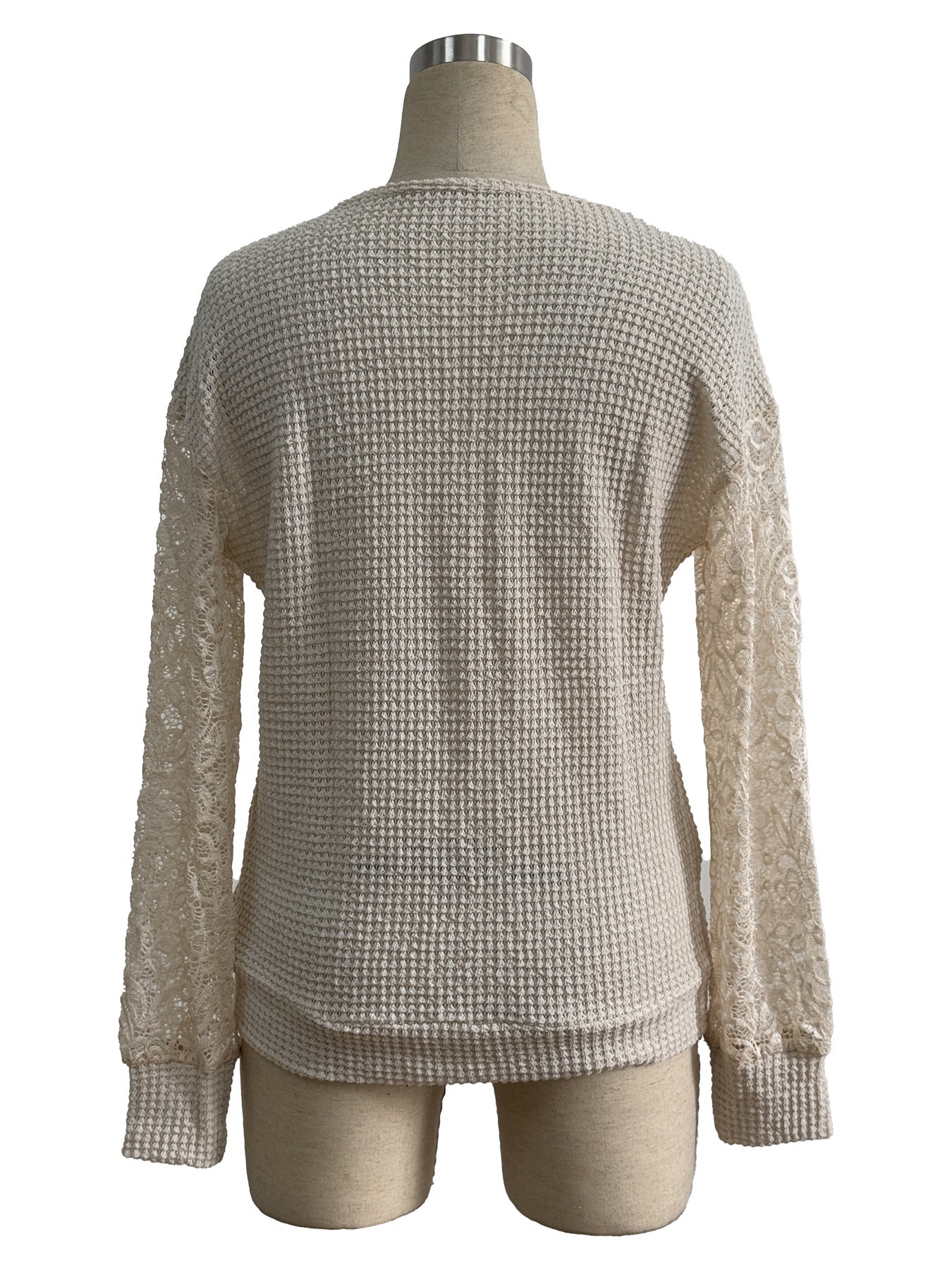 Spring Elegant Women Solid Color V neck Lace Stitching Long Sleeved T shirt Top for Women