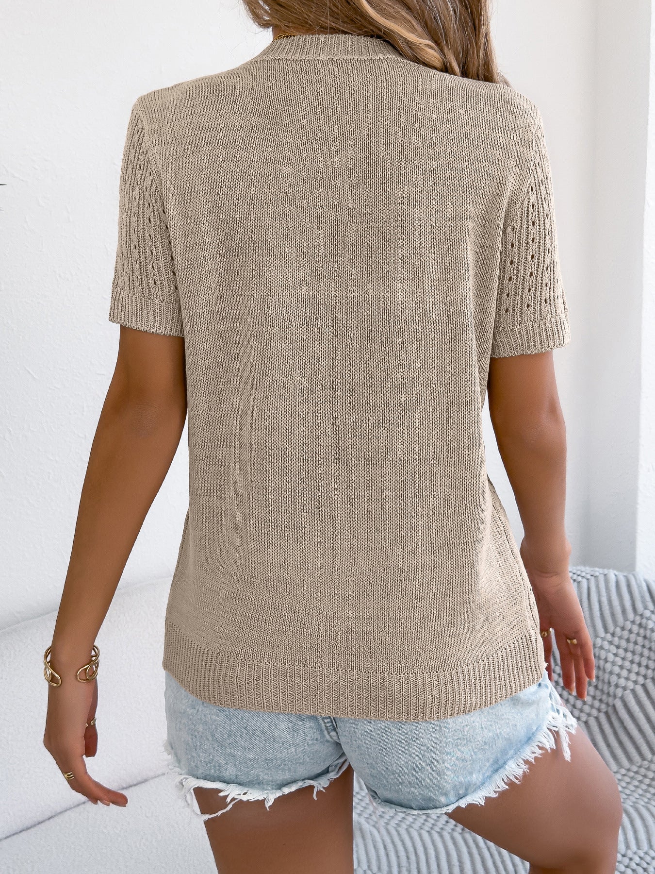 Women Clothing Spring Summer Solid Color Hollow Out Cutout Button Short Sleeved Sweater Top