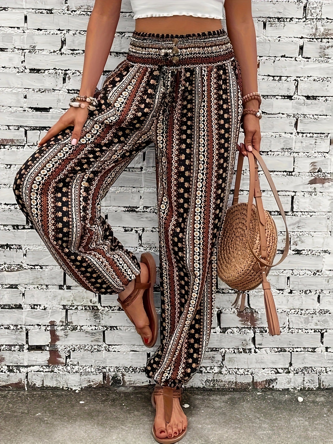 Spring Summer Women Clothing Bohemian Ethnic Print Loose Slimming Draping Effect Elastic Waist Ankle Tied Casual Pants