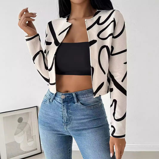 Autumn Winter Elegant Ladies Casual Abstract Printing Open Front Jacket Top Women Clothing