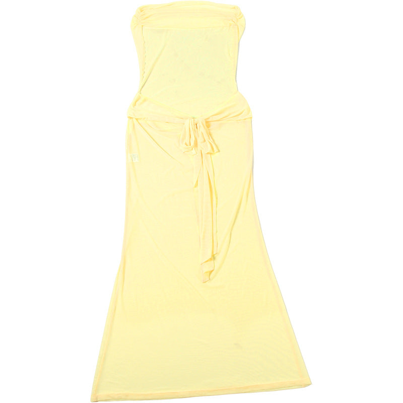 Spring Women Solid Color Sexy Sheer Mesh Design Backless Sheath Dress