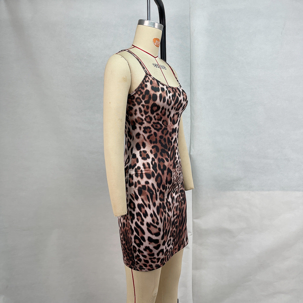 Women Clothing Leopard Print Sexy Strapless Suspenders Dress Women Backless Hip Dress