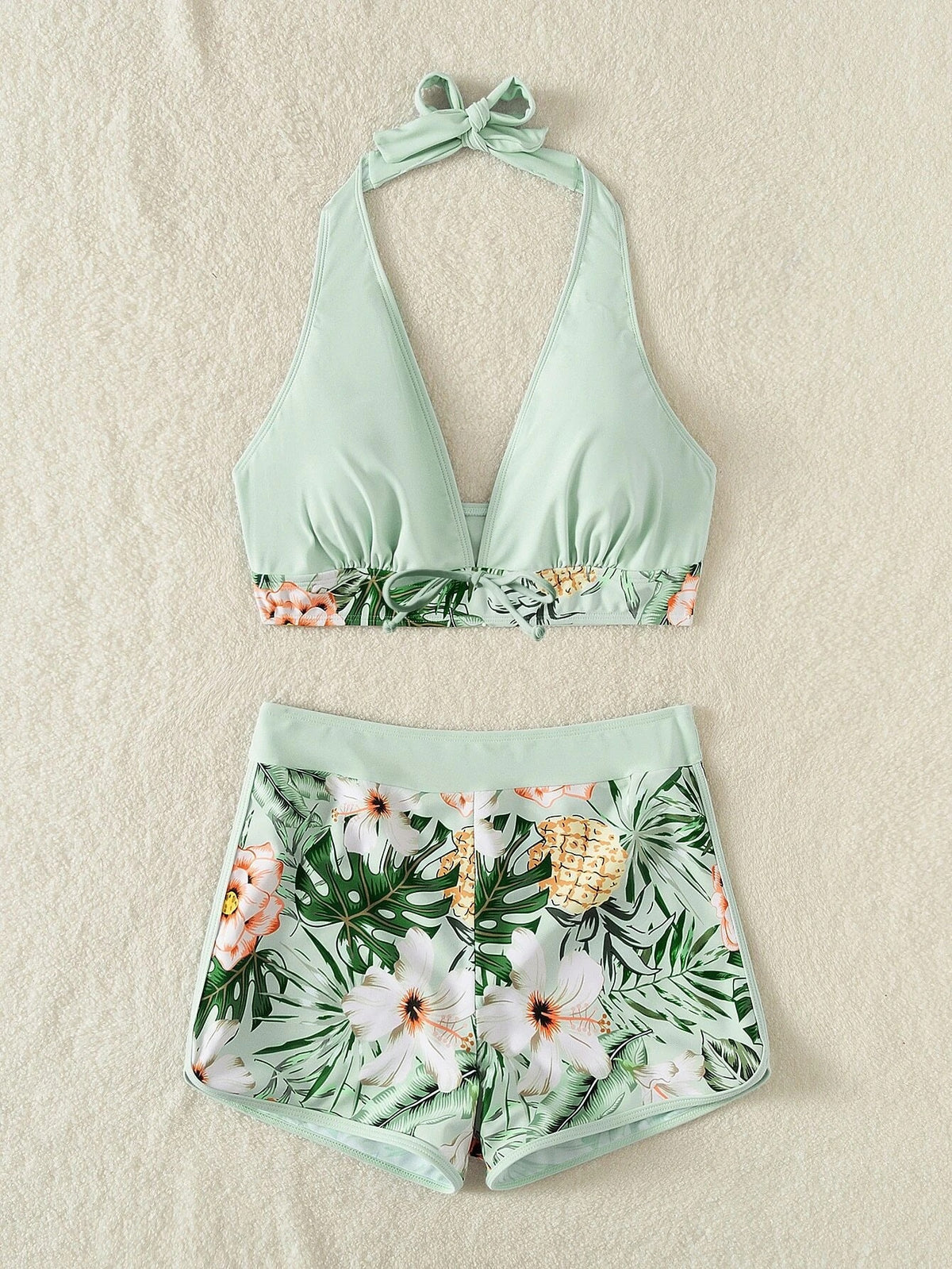 Swimsuit Women Split High Waist Boxer Lace Printing Solid Color Stitching Swimsuit