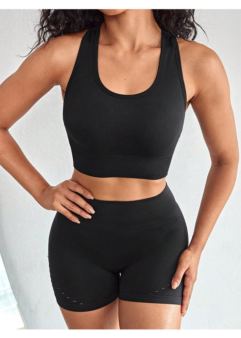 Running Fitness Sports Bra Women Seamless Knitted Skinny Peach Hip Hollow Out Cutout Breathable High Elastic Yoga Suit