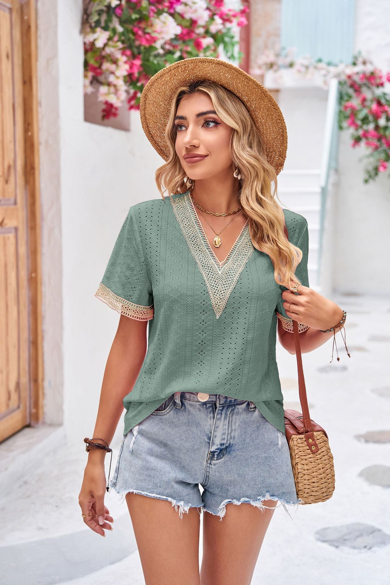 Lace V neck Patchwork Solid Color Loose Short Sleeve Underwear T shirt Top Ladies