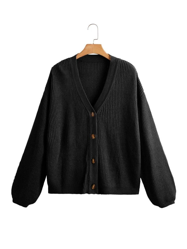 Lantern Sleeve Autumn Winter V neck Cardigan Women Solid Color Coat Simple Outer Knitted Sweater Button