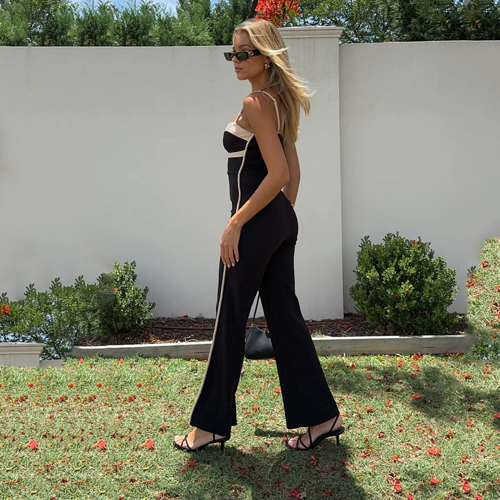 Women Clothing Spring Color Contrast Slim Strap One Piece Trousers