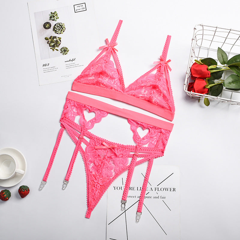 Lace Stitching Underwear Bow Criss Cross Garter Three Piece Set Female