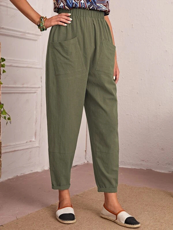 Four Seasons Cotton Linen Cropped Pants Elastic Waist Casual Pants Diagonal Pocket Skinny Pants Women