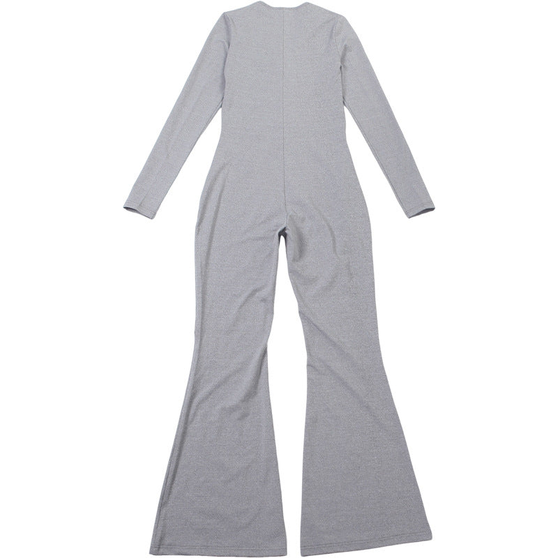 Women Clothing Autumn Solid Color V neck Button Tight Long Sleeve High Waist Micro Pull Jumpsuit