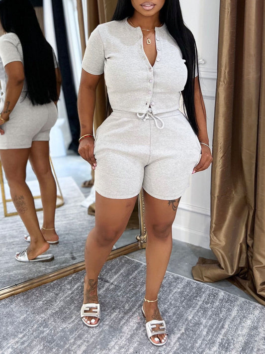 Women Clothing Two Piece Short Sleeve T Shacket Set Summer Thread Sports Pants