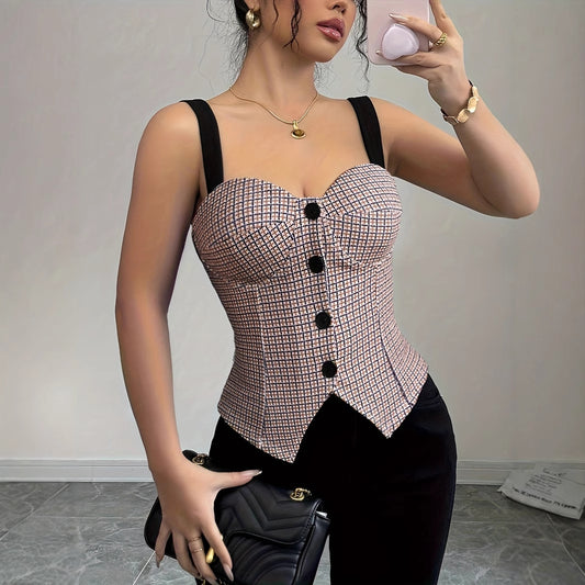 Court Retro Plaid Sling Tube Top Exquisite Elegant Button French Slim Fit Vest Top