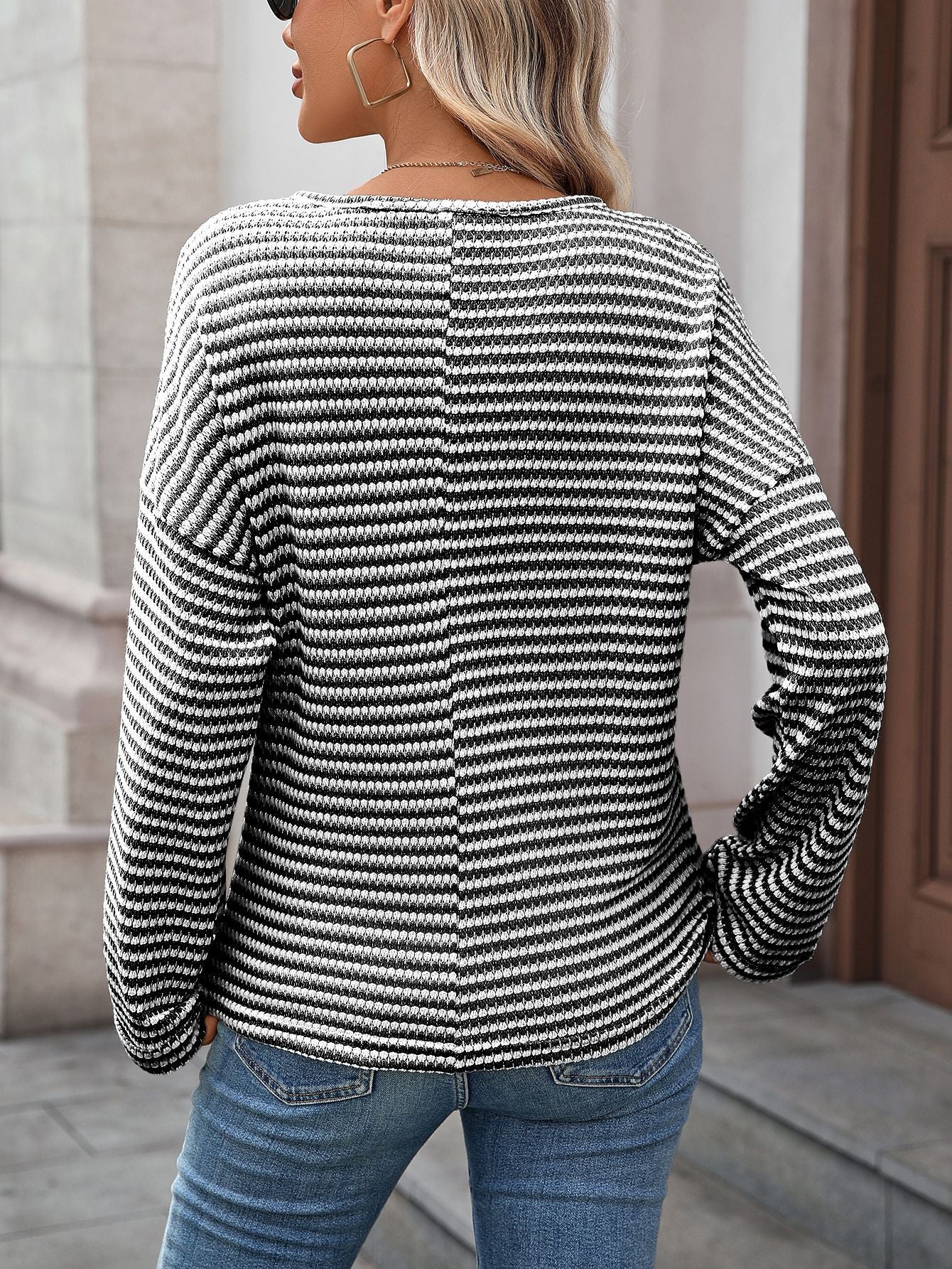 Women Clothing Season Autumn Striped Waffle Knitted Top T shirt Women