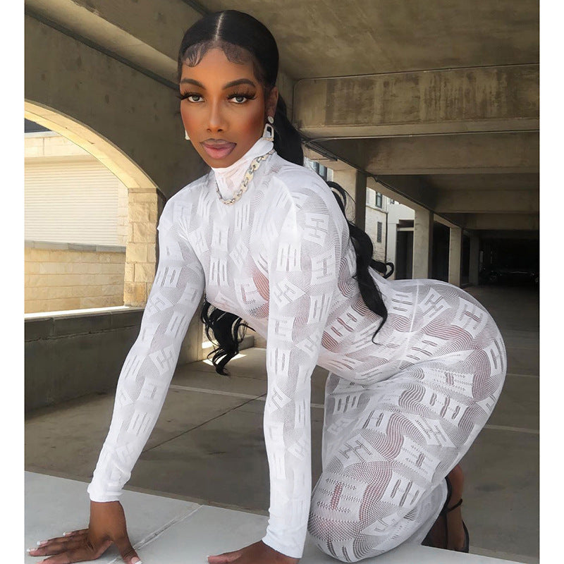 Long Sleeve Letter Graphic Print See through Sexy Dress Sexy Tight Stretch Dress Women
