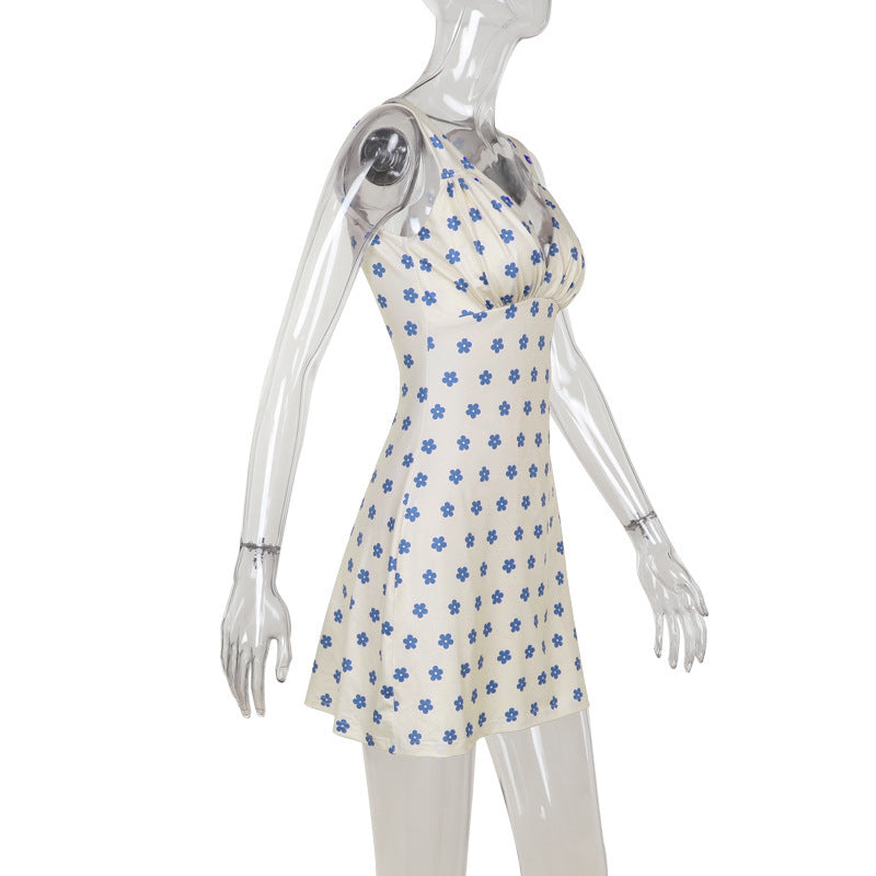 Summer Internet Celebrity Casual Sexy Print V neck Holiday Dress Women