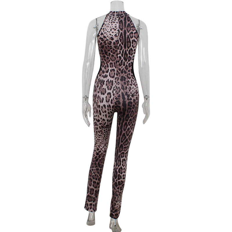 Sexy Sleeveless Halter Leopard Print Printed Mesh Stitching Jumpsuit Tight High Elastic Trousers