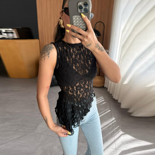 Spring Summer Women Lace Shirt Waist Tight Irregular Asymmetric Oblique Vest Top