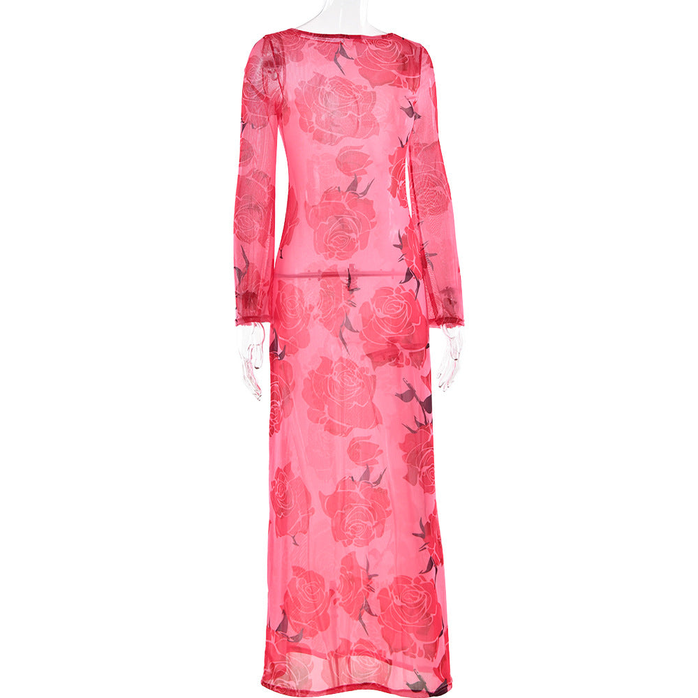 Sexy See through Mesh Floral Print Dress Lazy Casual Wild Dress