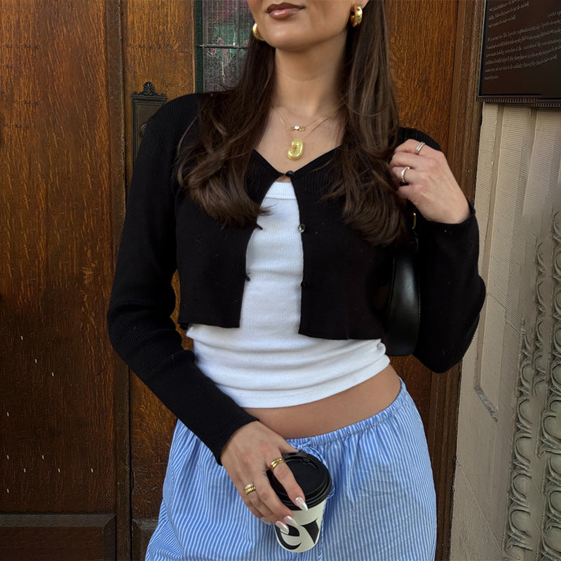 Women Clothing Summer Sexy Cardigan Button Cropped Long Sleeve T shirt Top