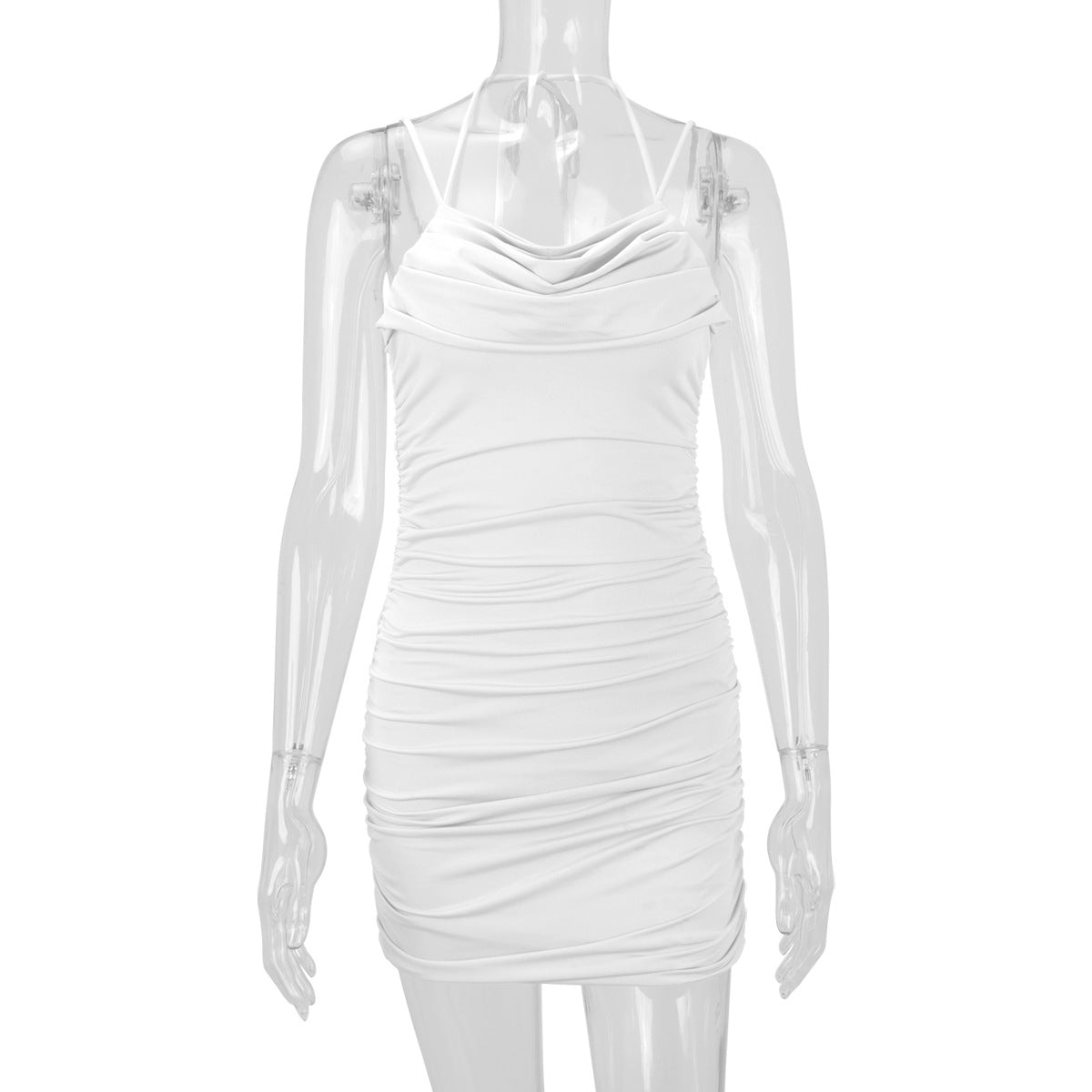 Women Clothing Sexy Double Shoulder Strap Pleated Slim Sexy Dress