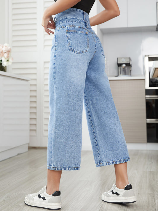 Denim Pants Women Straight High Waist Cropped Pants