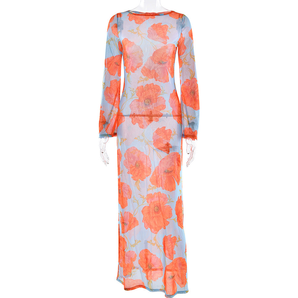Sexy See through Mesh Floral Print Dress Lazy Casual Wild Dress