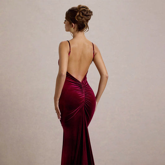 Autumn Socialite Sexy Velvet Pleated Fitted Waist Backless Sling Dress