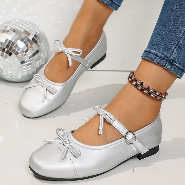 Shallow Mouth Ballet Flat Pumps Women Vintage Bow Low Heel Mary Jane Word Buckle Gomminosho
