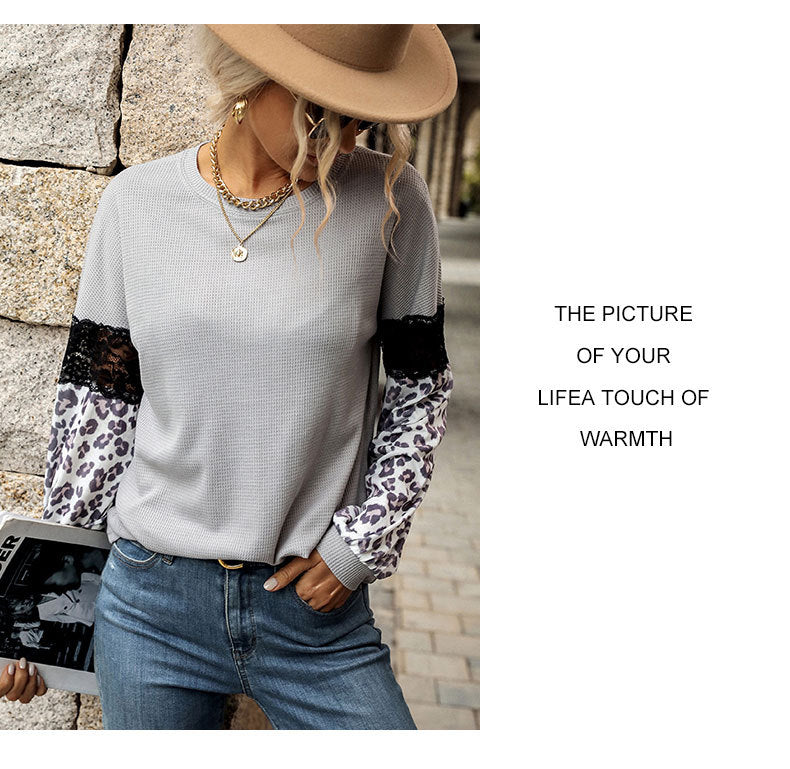 Autumn Winter Stitching Top Women Leopard Print Long Sleeve Contrast Color Knitwear