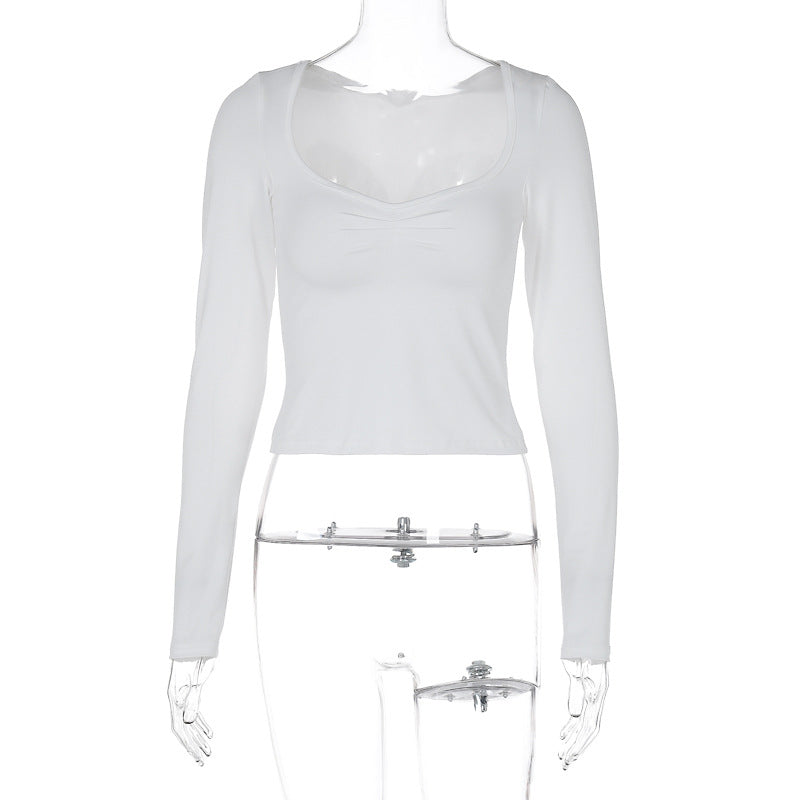 Women Clothing Summer Sexy Slim Fit Slimming Cropped Solid Color Long Sleeved Top T shirt