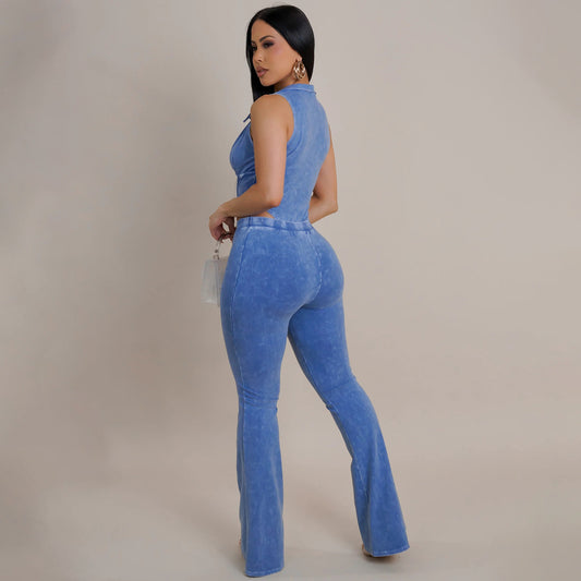 Women Wear Sexy Slim Washed Distressed Line Stitching Two Piece Sets