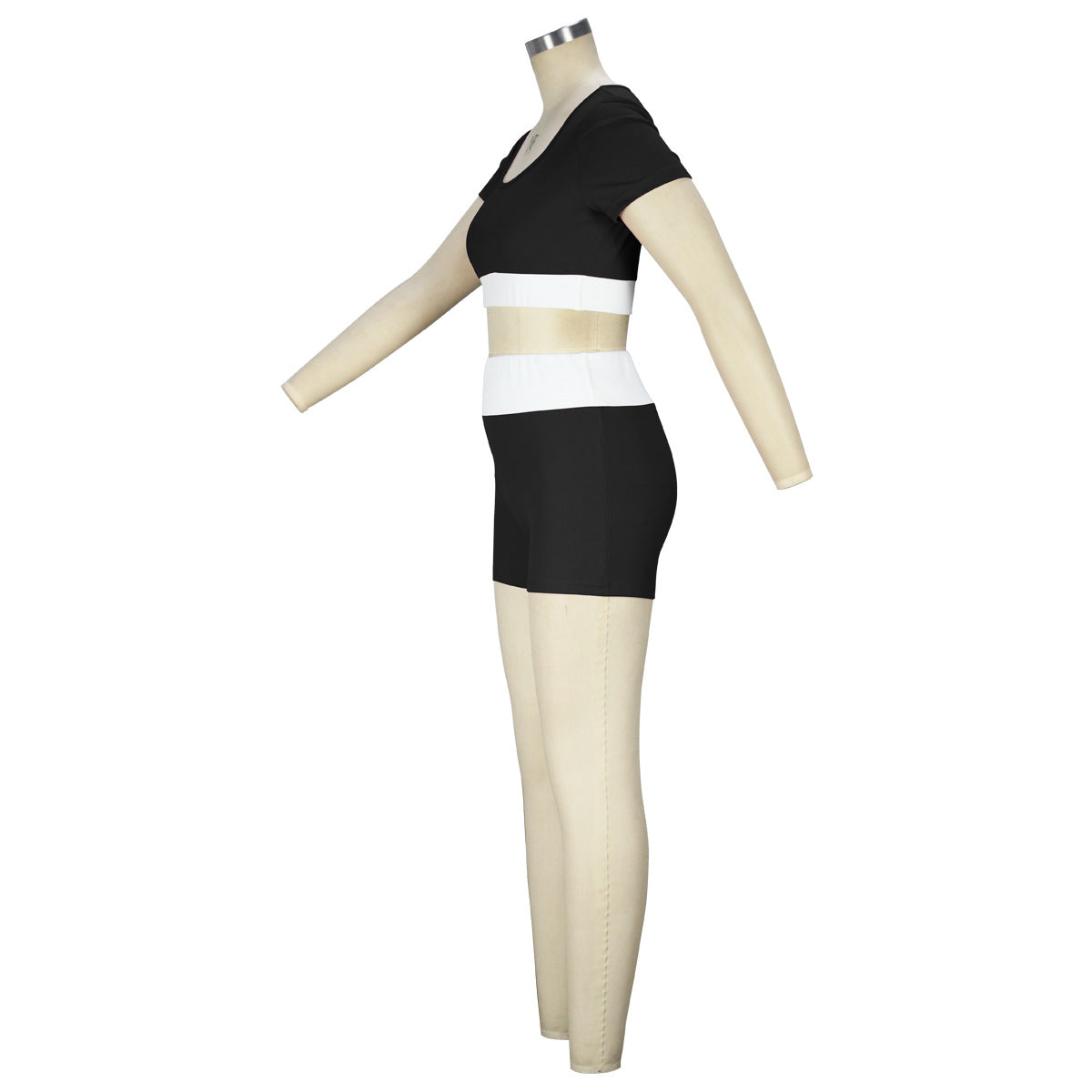 Summer Women Clothing Contrast Color U Neck Short Sleeved Shorts Two Piece Set Sexy Cropped Yoga Suit