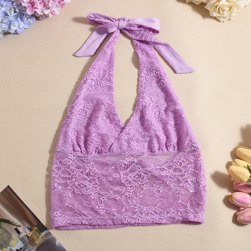 Women Clothing Spring Lace See through Halter Backless Sexy Skirt Two Piece Sets
