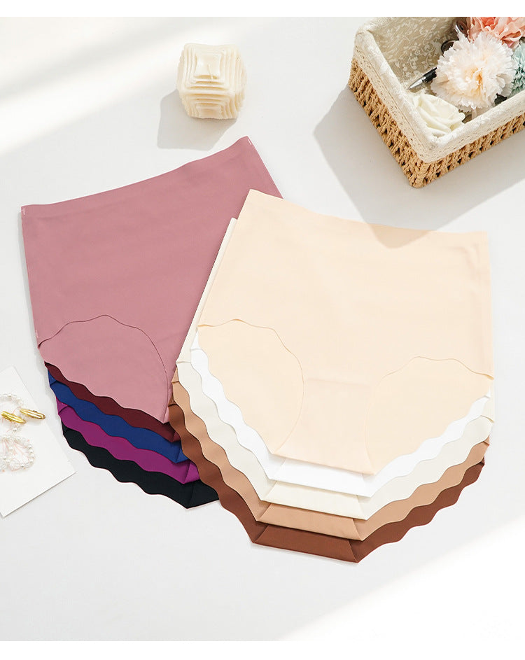 Seamless Ice Silk Wave Lace Underwear Comfortable Anti Pinching Hip Raise High Waist Ladies Briefs