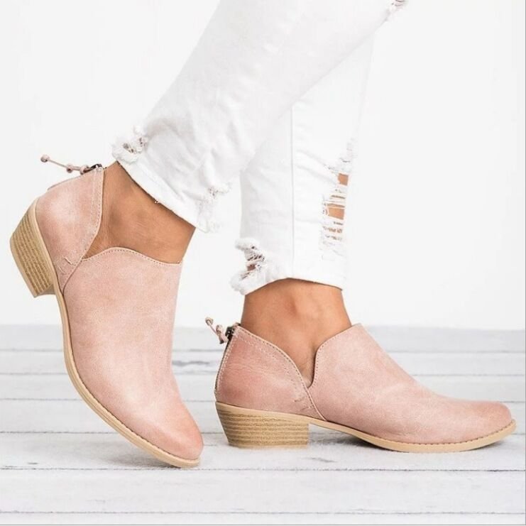 Plus Size Thick Heel Thin Ankle Boots Women Solid Color Pointed Toe Back Zipper Low Heel Shoes