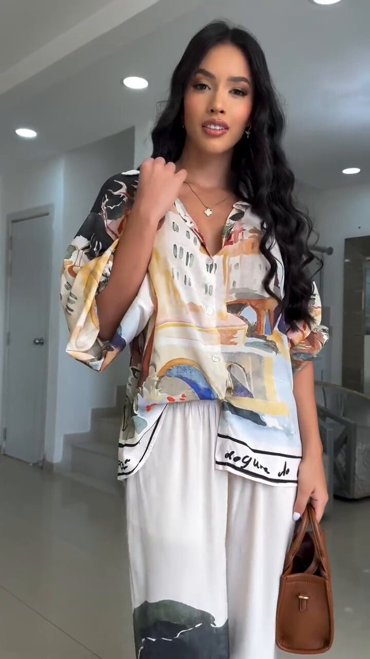 Women Clothing Positioning Printing Loose Lantern Sleeve Shirt Wide Leg Pants Two Piece Sets
