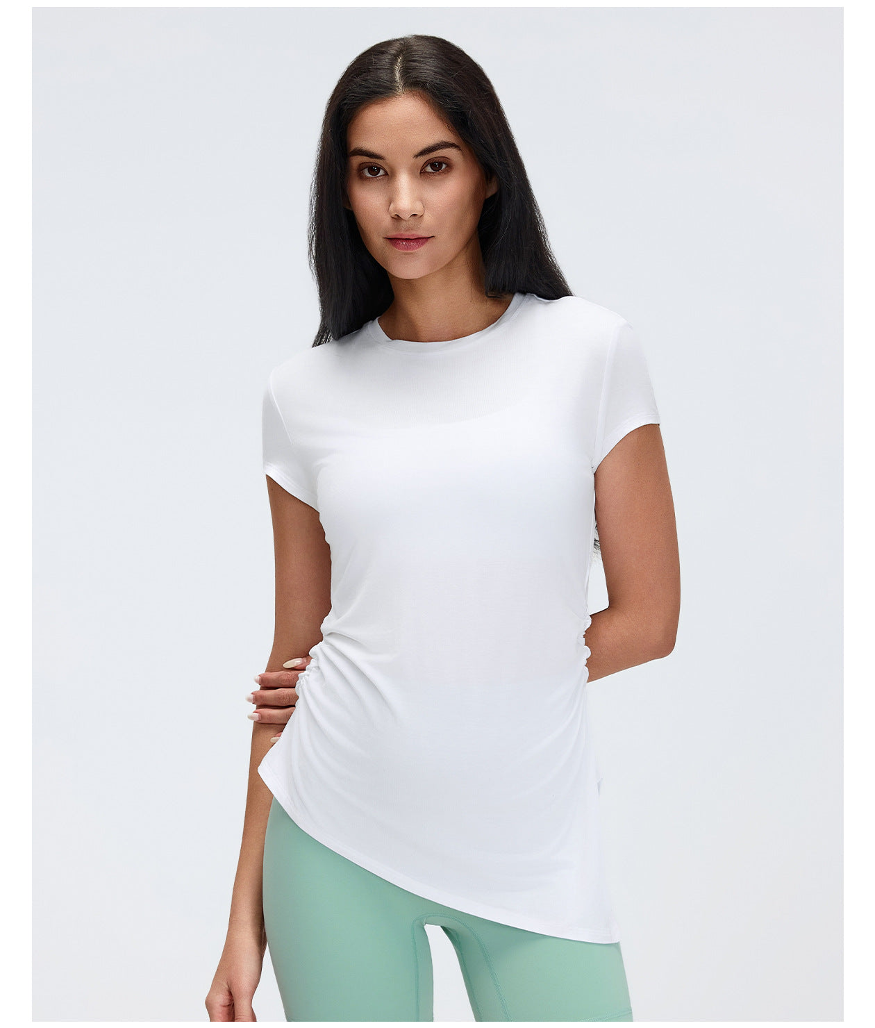Summer round Neck Sports Short Sleeve Women Pleated Waist Tight Thin Yoga Wear Top Running Workout T shirt