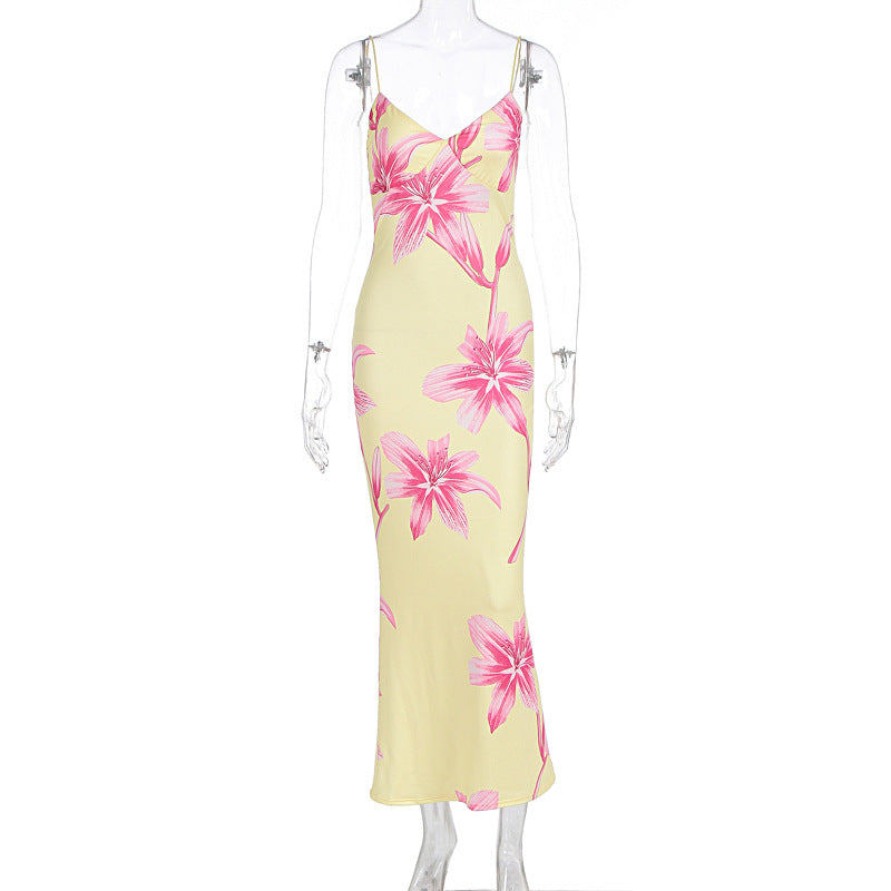 Summer Women Clothing Sexy Printing V-neck Brace Backless Slimming Dress