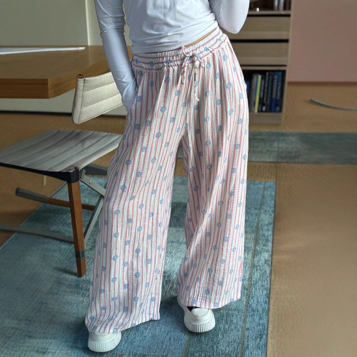 Thin Striped Printed Women Casual Pants Summer Drawstring Straight Loose Wide Leg Mop Pants
