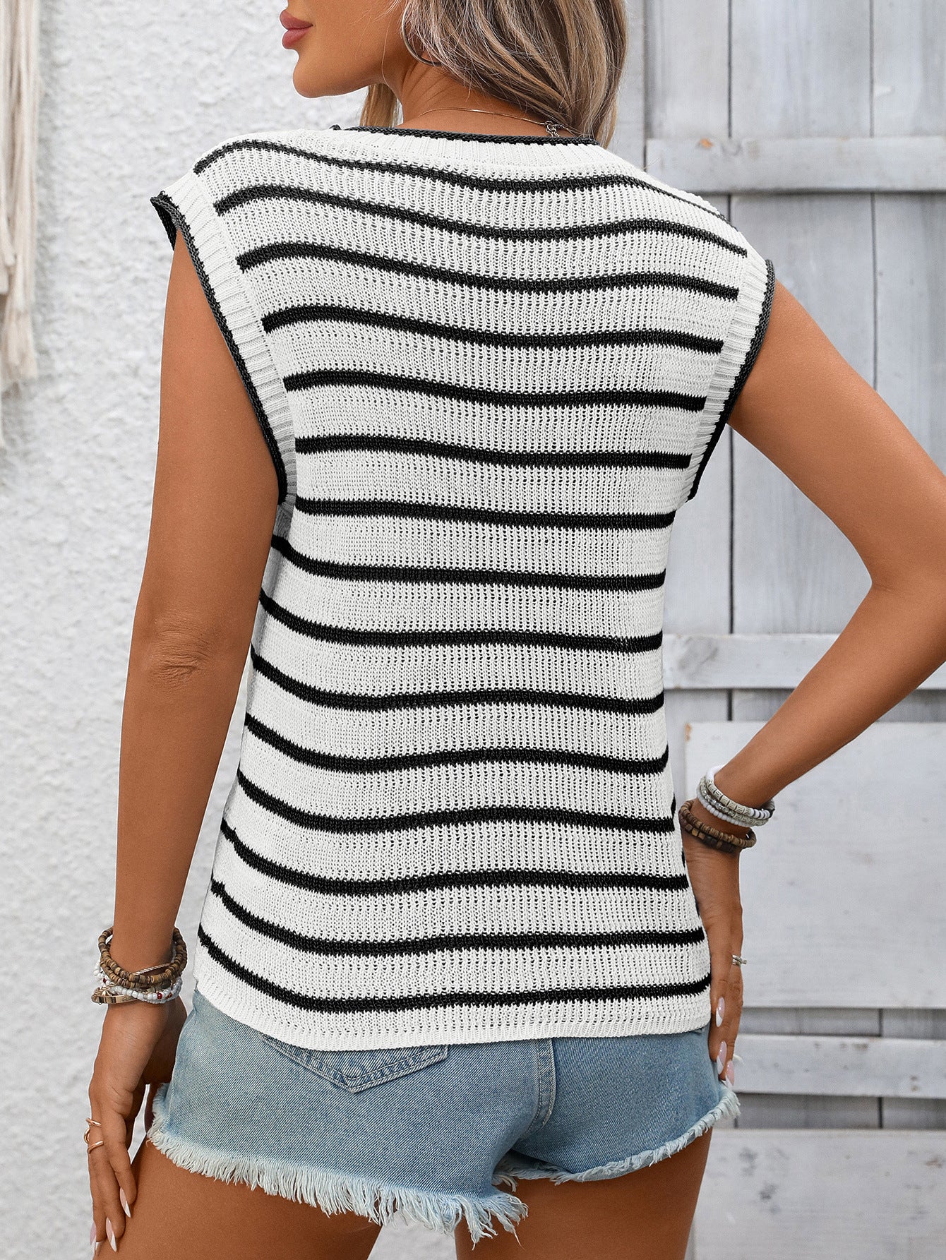 Women Clothing Summer round Neck Sleeveless Vest Knitted Striped Sweater Vest