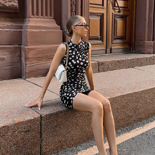Women Half Turtleneck Sleeveless Mesh Polka Dot Print Faux Two Piece Skinny Slimming Sheath Dress