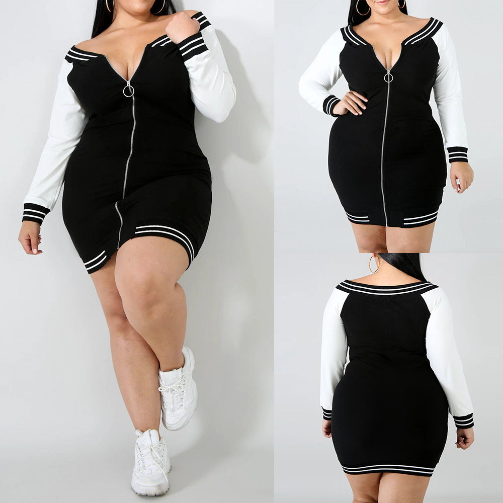 Plus Size Autumn Women Long Sleeve Color Zipper Dress Mid-Length