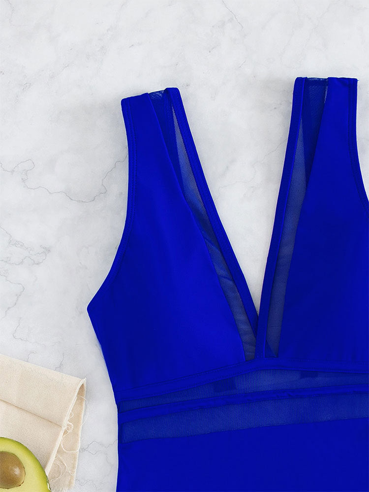 Solid Color Spun Yarn One Piece Swimsuit Women Deep V Plunge Sexy Spring Swimwear