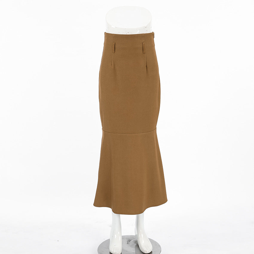 Brown Slim High Waist Fishtail Skirt Autumn Fashionable Elegant High Grade Women Dress No Belt