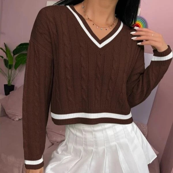 V neck Long Sleeve Knitwear Sweater Women Pullover Autumn Short Solid Color