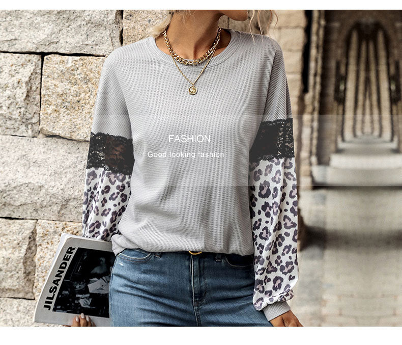 Autumn Winter Stitching Top Women Leopard Print Long Sleeve Contrast Color Knitwear