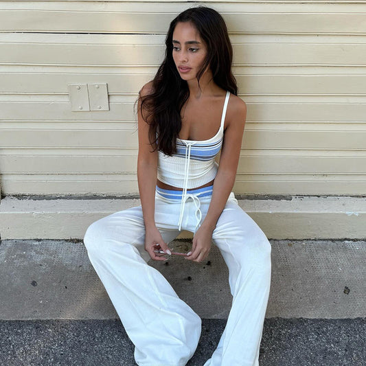 Summer Vintage Stripe Casual Sets Woolen Suspender Top Contrast Color Loose Lace up Trousers Two Piece Sets Women
